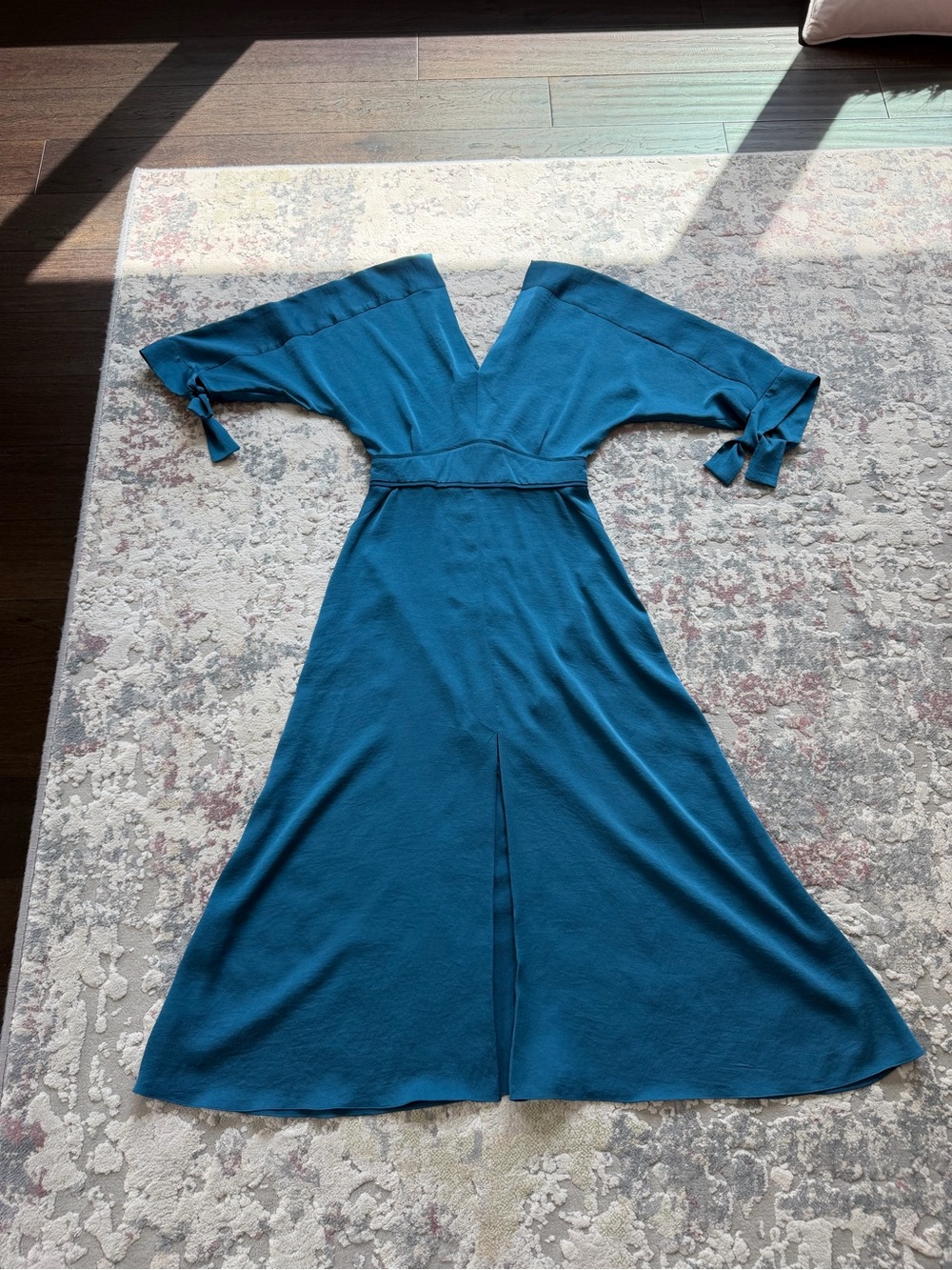Maje Teal V‑Neck Midi Dress with Tie Sleeves